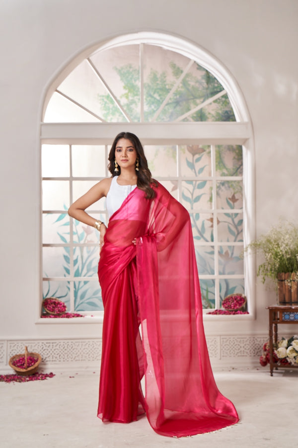 Vibrant Crimson Saree with Tassel Accents